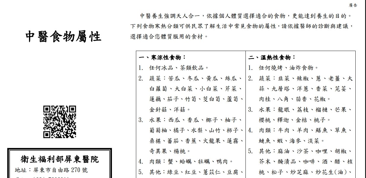 衛生福利部屏東醫院-中醫食物屬性